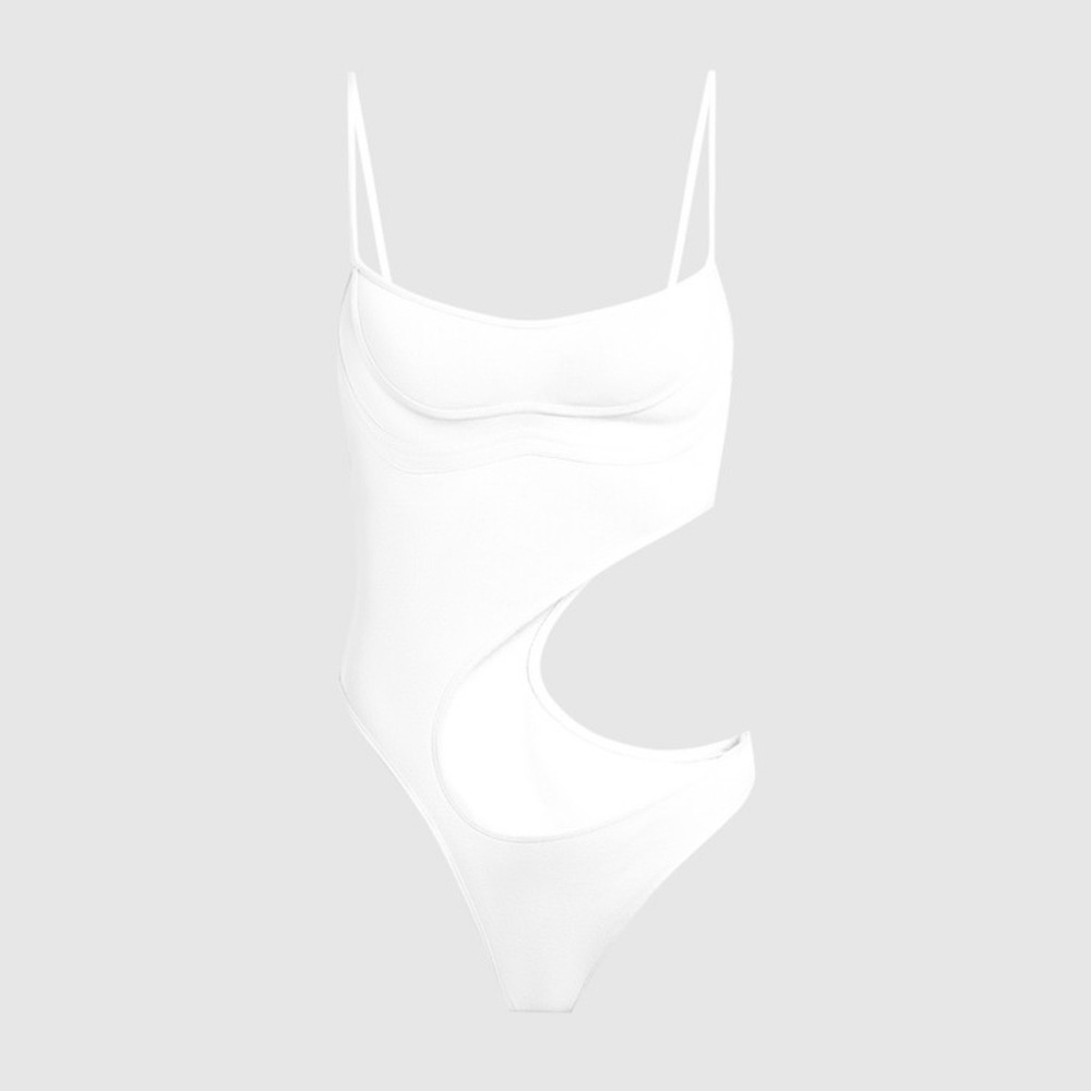 Thierry Mugler Women's Size Large Milky Asymmetric Curly Cutout Bodysuit